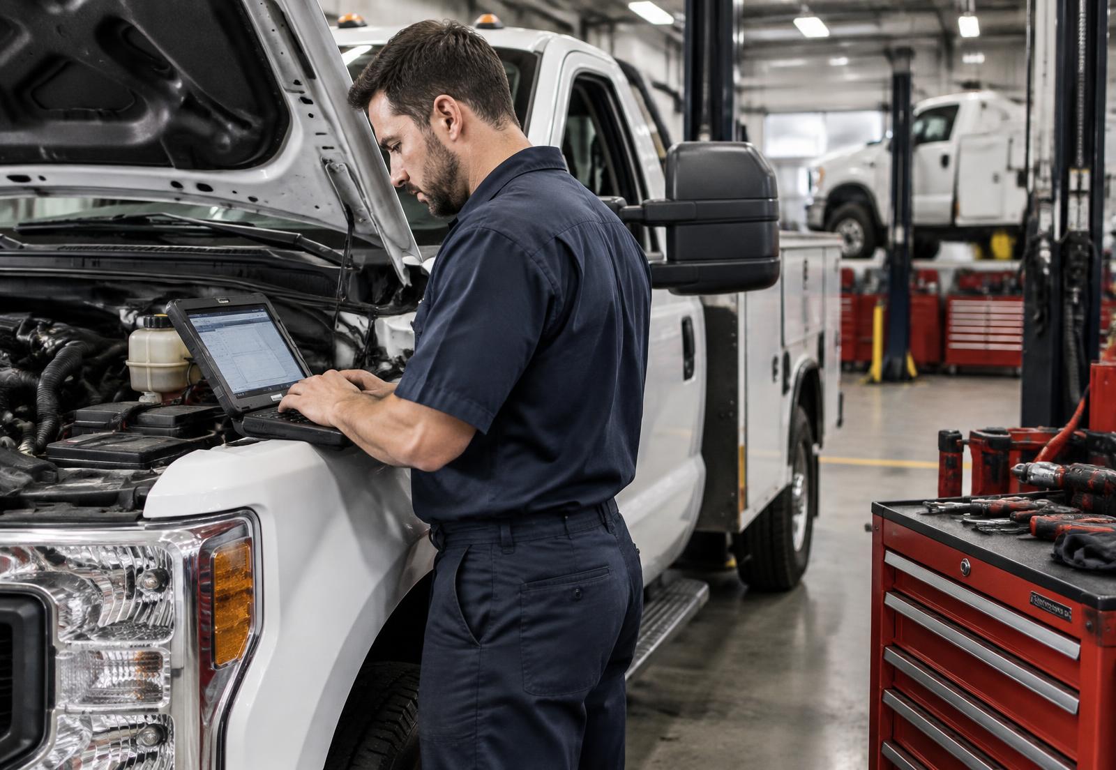 Fleet technician performing computer diagnostics on a commercial truck