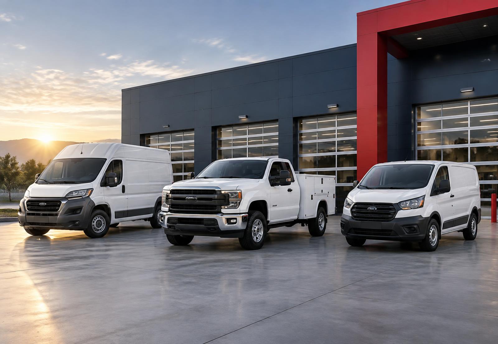 Illustration of commercial fleet vehicles outside a multi-bay repair facility